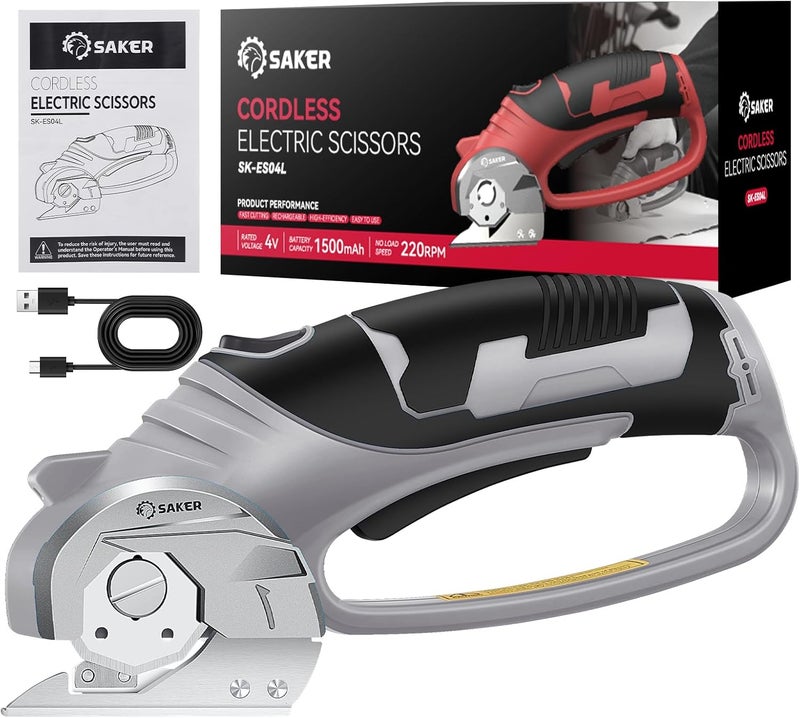 Saker Box Cutter Electric Cordless: Card board Cutter Scissors for Fabric Leather Paper Plastic - Cardboard Cutting Tool with 4V Recharged Battery - Safety Lock and LED Light for Cutting,Grey - Image 1